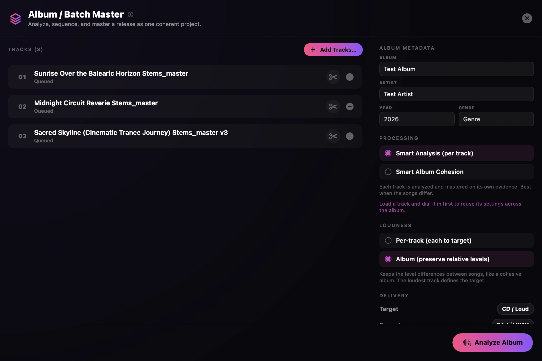 Finito's Album and Batch Master window in Dark mode with three queued tracks, album metadata, processing strategy, album-relative loudness, CD Loud delivery target and Analyze Album action
