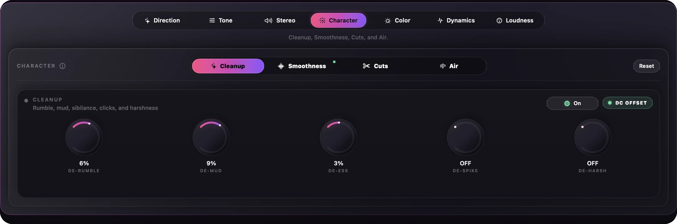 Finito's refreshed Character panel in Dark mode: centered Cleanup, Smoothness, Cuts and Air tabs with every cleanup control visible