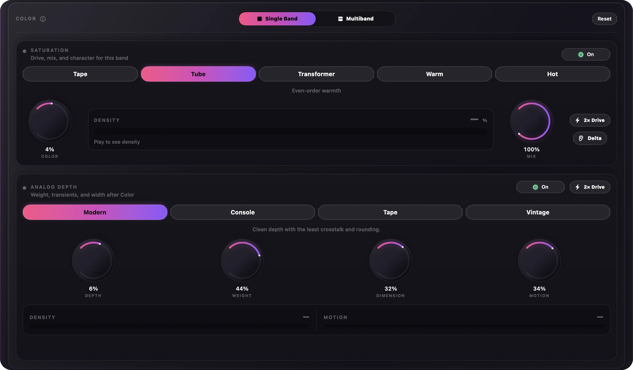 Finito's complete Color panel in Dark mode: Single Band and Multiband selection, five saturation characters, Density, 2x Drive, Delta, and the full independently bypassable Analog Depth section