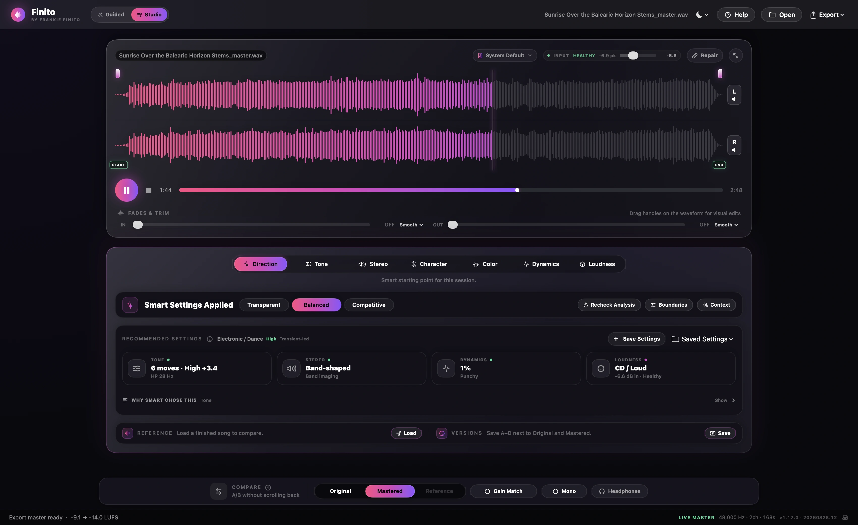 Finito's complete Studio workspace in Dark mode: the waveform, compact processing navigation, confidence-aware Smart recommendations, Reference and Versions, and the persistent Compare rail