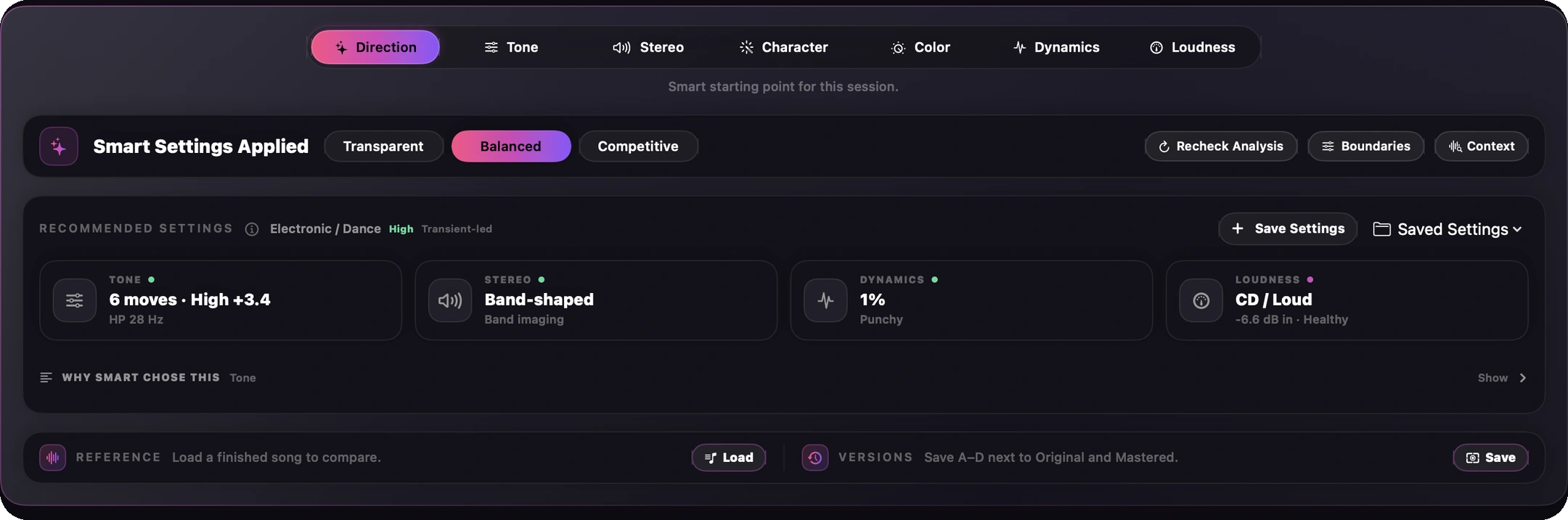 Finito's refreshed Direction panel in Dark mode: Transparent, Balanced and Competitive intent, confidence-aware genre context, Recheck Analysis, Boundaries, Context, four recommendation cards, and compact Reference and Versions controls