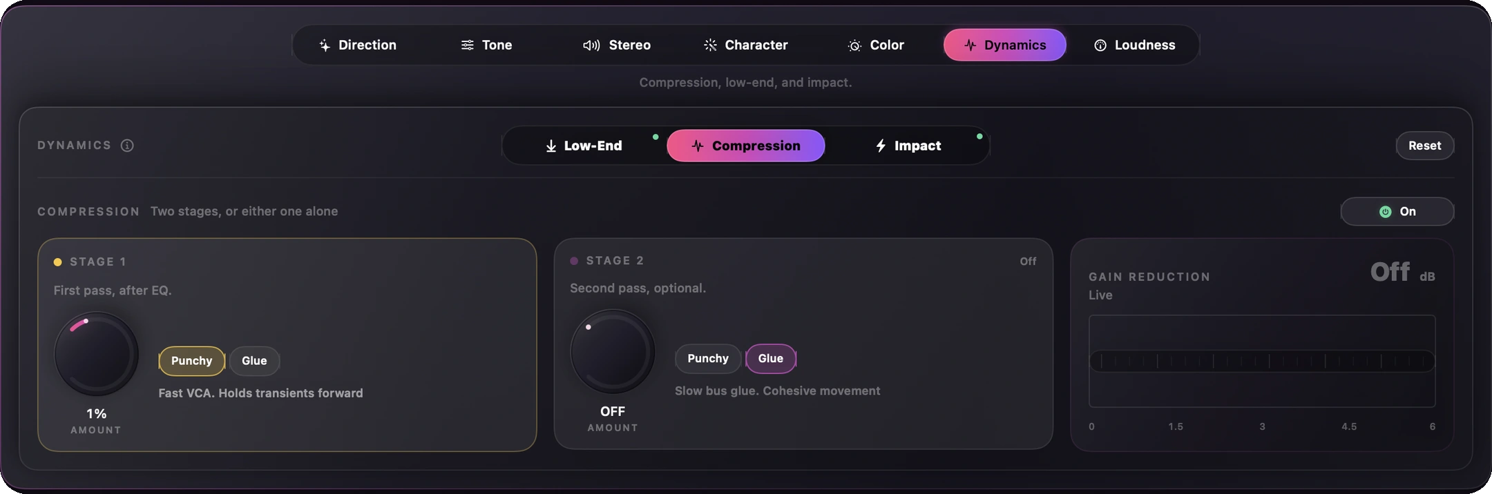 Finito's refreshed Dynamics panel in Dark mode: centered Low-End, Compression and Impact tabs, two compression stages, behavior controls and live gain-reduction metering