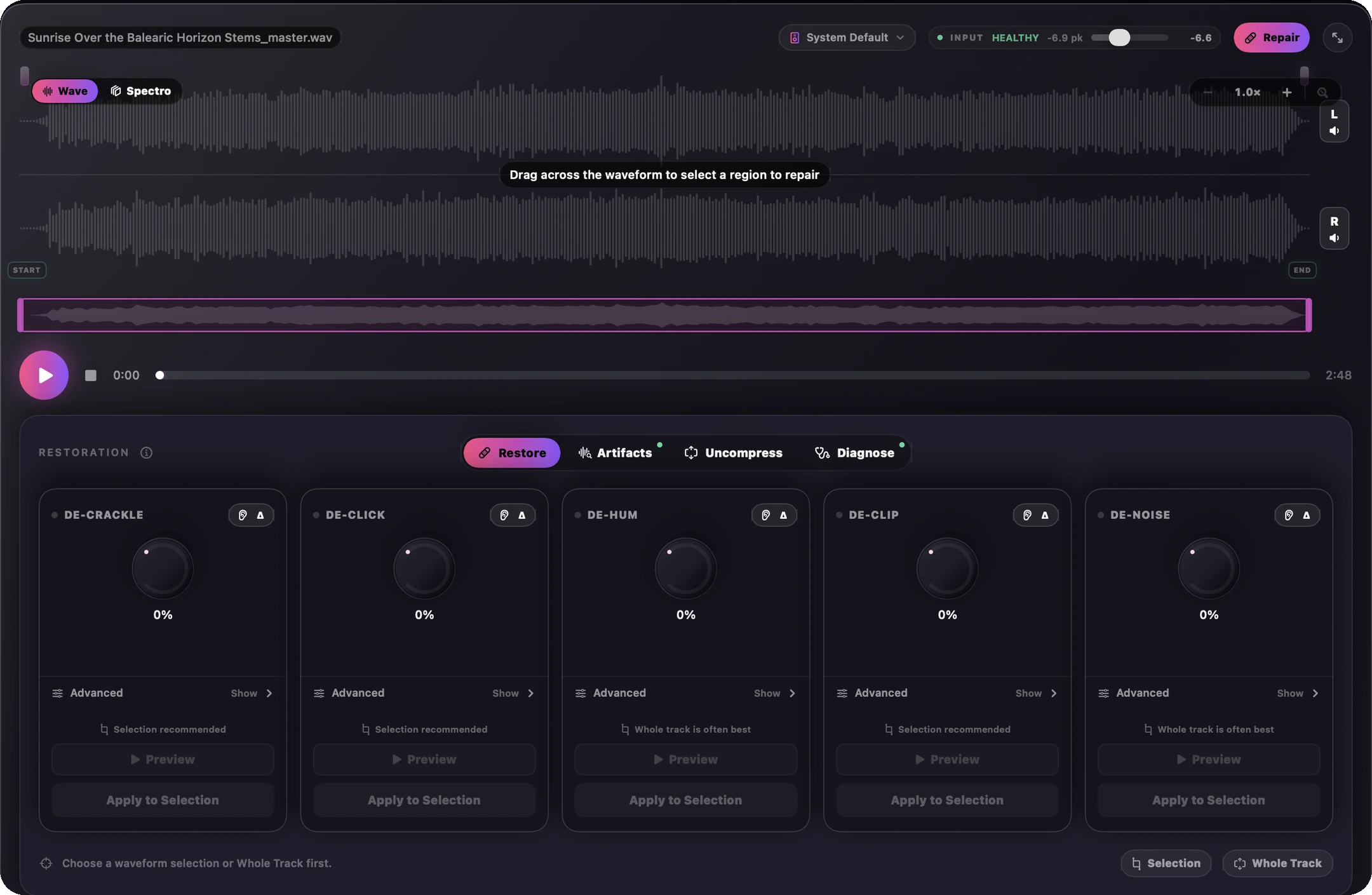 Finito's complete Restoration workspace in Dark mode with waveform and spectrogram controls, centered Restore, Artifacts, Uncompress and Diagnose tabs, five restoration tools, preview buttons and explicit Selection or Whole Track scope